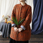 Naiste vintage talveparkid, soojad pluss puuvillased mantlid, prinditud lillelised lapiga taskud, nupud Hiina stiilis parkad One Size tumeoranži v&auml;rvi