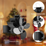 Pliidiventilaator, kuumusega toidetav, mitteelektriline, lootosekujuline, soojusjaotusega, 4-labaline, vaikne, korstnatoru k&uuml;lge riputatav, kaminaventilaator magnetiga must