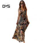 Naiste puhkusekleit Varrukateta V-kaelusega seljata lilledega tr&uuml;kkimine K&otilde;rge v&ouml;&ouml;kohaga n&ouml;&ouml;riga rannakleit Boheemlas stiilis maksikleit M must