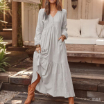Women's Vintage Cotton Linen Dress - Summer Long Sleeve Flared Maxi Dress, Breathable Resort Wear & Everyday Boho Style XL