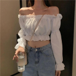 Naiste &uuml;laosa Seksikas pluus &otilde;lgadeta &uuml;laosaga pikkade varrukatega &uuml;hev&auml;rviline valge s&auml;rk puhvis varrukatega volangiga tuunika Crop top suvine toru topp XXL