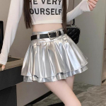 Sweet Girl PU-nahast plisseeritud puhvis kook l&uuml;hike seelik naiste Y2K k&otilde;rge v&ouml;&ouml;kohaga A-line h&otilde;bedased minip&uuml;ksid seelikud S