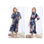 Naiste Siidist Satiinist Kimono Hommikumantlid Pikk &Ouml;&ouml;riie Hommikumantel Lilleline Paabulinnuga Tr&uuml;kitud Muster Pidu Pulmad Pruutneitsi Hommikumantel XXXL tumesinine