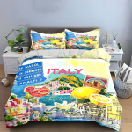 Itaalia Amalfi ranniku reisikollaažiga voodipesukomplekt, sidruni rannikulinnakokteiliga vintage postmargi ja kaarditr&uuml;kiga tekikotikomplekt, kodu kaunistus 3-osaline 135x200cm