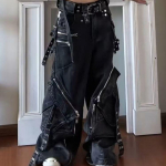 Gootilised Punk Multi-Tasku T&otilde;mblukuga Mustad Teksap&uuml;ksid Meestele ja Naistele Y2K Ameerikalik Kottis Mood Vintage Vabaaja L&otilde;tvad Laiad P&uuml;ksid S must