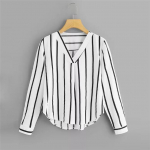 S&uuml;gisene pikkade varrukatega V kaelus, korrap&auml;rase triibuga s&auml;rk naiste vabaaja topid ja pluusid Chemise Femme Camisas Mujer naiste pluusid S must
