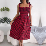 Naiste kevadsuvi p&auml;itseteta kaelus, varrukateta vabaaja pitsiline kontrastne ruuduline k&otilde;rge v&ouml;&ouml;kohaga pikk kleit S-XL S must