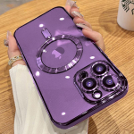Luksuslik plaaditud magnetiline juhtmevaba laadimistelefoni &uuml;mbris iPhone'i 15 14 Pro Max 13 12 11 Pro Max XS Mini X XR 8 Plus jaoks l&auml;bipaistev pehme silikoonist p&otilde;rutuskindel kate iPhone 14 Plus lilla