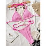 Halter Pearls Ribbed Bikiinid Naiste ujumistrikoo Naised Ujumisriided Kaheosaline bikiinikomplekt K&otilde;rge jalaga l&otilde;igatud supelkost&uuml;&uuml;m ujumine S roosa