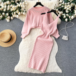 S&uuml;gistalvine naiste elegantne silmkoeline kampsun, kaheosaline komplekt, naiste &otilde;huke bodycon mantliga kleit ja p&auml;rlitega pullover, &uuml;likond One Size roosa