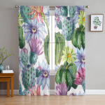 Akvarell Kaktus Lilled Troopilised taimed T&uuml;ll L&auml;bipaistvad Aknakardinad Elutoa Kardinad Magamistoa Voile Organza Kardinad kardinad W135 x H115cm x1