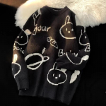 Naiste multifilm J&auml;nes Harajuku Kawaii armas &uuml;mara kaelusega sviiter, kootud soe, avar &uuml;lisuur kampsun S must