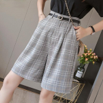 FGHJ S-3XL V&ouml;&ouml;d Saagip&uuml;ksid K&otilde;rge v&ouml;&ouml;kohaga Suvi Vintage Ruuduline Laiade s&auml;&auml;rtega &Uuml;likonnad L&uuml;hikesed Naised Elegantne K&otilde;igega Sobiv Sirge V&ouml;&ouml;ga L&uuml;hikesed P&uuml;ksid T&uuml;druk S hall