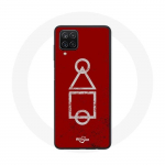 Samsung Galaxy A12 &uuml;mbris Squid Game logo s&uuml;mbolid ring ruut kolmnurk Punane taust