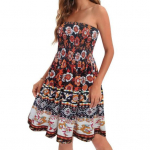 Naiste suvekleit &otilde;lgadeta Bandeau varrukateta seljata, boheemlaste lilledega tr&uuml;kitud A-kujuline elastne rinnakleit p&otilde;lvedeni puhkusele S oranž