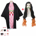 Anime Demon Slayer Kimetsu no Yaiba Cosplay Kost&uuml;&uuml;m Kuum Nezuko Kamado Kimono &Uuml;likond Halloweeni Riided L-(Full set+wig)