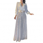 Naiste V-kaela ja v&ouml;&ouml;ga kombinesoon, litrid, lai jalg, s&uuml;gav jalg, &otilde;huke v&ouml;&ouml;koht, pikad varrukad, pidulik pidulik ball L valge