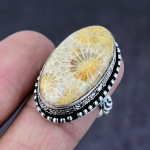 Fossil Coral Gemstone Handmade 925 Steling Silver Jewelry Ring Size 8.5 h9m73