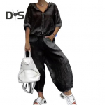 2 tk/komplekt Naiste mantel p&uuml;ksid &uuml;likond kapuutsiga lukuga poolvarrukatega n&ouml;&ouml;riga &auml;&auml;ris &uuml;laosa lai s&auml;&auml;r lahtised taskud p&uuml;ksid talvine igap&auml;evaseks kandmiseks dressid XXL must