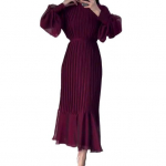 Naiste &otilde;htukleit Plisseeritud A-kujulised pikad laternaga varrukad Plisseeritud l&auml;bipaistvad v&otilde;rkkraed, pingul v&ouml;&ouml;koht, volangidega lapiline maksikleit M veinipunane v&auml;rv