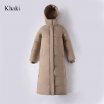 Pikk soe &uuml;le p&otilde;lve ulatuv sulejope kapuutsiga paks tuulekindel talvemantel 2024 naiste &uuml;hev&auml;rviline vabaaja &otilde;huke puuvillapolsterdatud jope L khaki