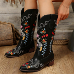 S&uuml;gistalvine Uued Naiste Tikitud Saapad Western Cowboy Saapad Naiste Tursked kontsad Etnilise terava otsaga nahast saapad Botas Mujer 35 must