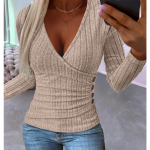 YYFS Naiste mood vabaaja kevads&uuml;gise &uuml;hev&auml;rvilise tr&uuml;kiga pikkade varrukatega V-kaelusega pluusid ja s&auml;rgid S