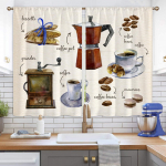 2tk 3D-kohviillustratsioon kohvikardinapuu tasku must k&auml;sitsi maalitud kohvielement, tr&uuml;kitud valgust filtreeriv k&ouml;&ouml;gikardin 2x68W165H(CM)&Rod Pocket