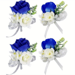 4 TK Kunstlik Korsaaž Klambriga ja Lindiga Siidroosid Boutonniere Randmelill Kunstlik K&auml;elill Lindiga Pruudile Peigmehele Pulmadeks Balliks 4 Pcs sinine