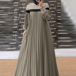 Mood Naiste S&uuml;gis Pikk Laterna Varrukaga Moslemi Kleit Abaya Islami R&uuml;&uuml; Kaftan Patchwork P&auml;ikesekleit Plisseeritud Vestidos M khaki