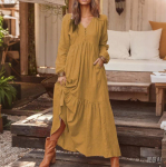 Women's Vintage Cotton Linen Dress - Summer Long Sleeve Flared Maxi Dress, Breathable Resort Wear & Everyday Boho Style XL kollane