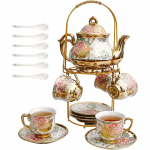 20-osaline Euroopa Vintage Keraamiline Teekomplekt, T&auml;iskasvanute Teekomplekt, P&auml;rastl&otilde;unatee Komplekt (Golden Rose, keskmine)