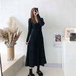 Kootud kleit naistele kevadeks, &uuml;hev&auml;rviline, vabaaja A-l&otilde;ikeline pikk kleit, pikkade varrukatega, vabaaja V-kaelusega kampsunkleit 2XL must