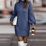 Naiste kootud kleit Turtlen kaelusega talve kampsun kleit Kootud kleidid Midi tavaline pikk villane kleit L sinine