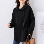 Suur suurus S&uuml;gis Puuvillane T-s&auml;rk Naised Uus P&otilde;hiline Kapuutsiga Pullover Pikkade Varrukatega Vabaaja Mood Topid Tees 2XL must