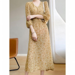 &Auml;&auml;dikhappe satiinist V-kaelusega kleit naistele Suvine Uus Mitmek&uuml;lgne Lilleline Midi Seelik K&otilde;rge klassi Kerge luksus Pikk Seelik Kolmveerand varrukad XXL kollane