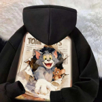 Vintage Multikate Tom ja Jerry Ajalehetr&uuml;kiga Huppar Suurem Soe Fliisvoodriga Unisex Dressipluus S&uuml;gis Talv M 70-100 lbs gray