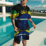 Brasiilia T-s&auml;rk l&uuml;hikesed p&uuml;ksid Meeste komplektid Suures suuruses Sobivad komplektid 3D-printimine Kiiresti kuivavad meeste riided Meeste kaelaga Ranna vabaaja t&auml;navar&otilde;ivad 6XL