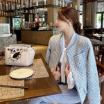 Elegantne luksuslik sinine ruuduline tviidjakk naiste vintage &uuml;mara kaelaga p&auml;rlin&ouml;&ouml;biga l&uuml;hike mantel Korea moe chaqueta M