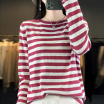 YYFS naiste moe vabaaja triibuline printimine s&uuml;gistalvise pikkade varrukatega O-kaelusega pulloverid ja pikad varrukad S khaki