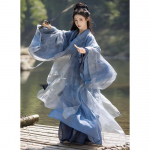 Hiina Hanfu kleit etniline fotograafia laiad varrukad risti krae v&ouml;&ouml;koht naiste komplekt S sinine