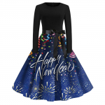 Naiste vintage klassikaline kleit pikkade varrukatega 2024. aasta uusaasta tr&uuml;kitud kaelaga kiikkleit XXL must