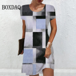 3D-geomeetriaga prinditud kleit Naiste retroh&otilde;nguline l&uuml;hikeste varrukatega kleit, suvine mood, vabaaja joonega minikleit Suures suuruses riided 2024 uus S