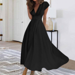 Naiste pikk kleit Maxi kleit vabaaja kleit Sifoonist kleidid Swing Kleit vabaaja t&auml;iskasvanud &otilde;ues Igap&auml;evane kohting, volangidega l&uuml;hikeste varrukatega V-kaelusega kleit L must