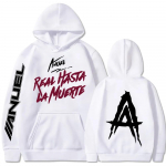 S&uuml;gisene fliisist meeste kapuutsiga dressipluusid Anuel AA Real Hasta La Muerte tr&uuml;kiga dressipluusid streetwear r&auml;ppar l&otilde;dvad pulloverid vabaaja kapuutsiga topid M valge