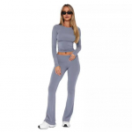 2 tk/komplekt Naiste &uuml;laosa p&uuml;kste komplekt &Uuml;mmargune kaelus, &uuml;hev&auml;rviline pikkade varrukatega Slim Fit T-s&auml;rk madala v&ouml;&ouml;kohaga laieneva kandiga p&uuml;ksid vabaaja spordiriietus S valge