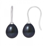 PERLINEA - Boucles d'Oreilles - V&eacute;ritables Perles de Culture d'Eau Douce Noires Poires 7- 8 mm - Bijoux Femme