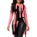 Naiste s&uuml;gistalvine geomeetrilise tr&uuml;kiga pluus O-kaelusega pikkade varrukatega pooljaga &auml;&auml;r Keskmise pikkusega pullover tuunika Topid T&auml;navar&otilde;ivad M roosa