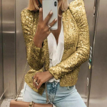 &Scaron;ikk l&auml;ikivate litritega vabaajajakk naistele, moekas s&auml;delev s&auml;delev l&uuml;hike mantel, slim fit, pikkade varrukatega, avatud esiosaga kardigan pealisr&otilde;ivas S kuld