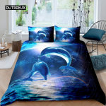 3D Dolphin In Blue Sea Queen King Size voodipesukomplektid Loomade &Uuml;hekordne tekikott Lastele T&auml;iskasvanute voodi Pol&uuml;esterst voodiriided EU single(135x200cm) blue